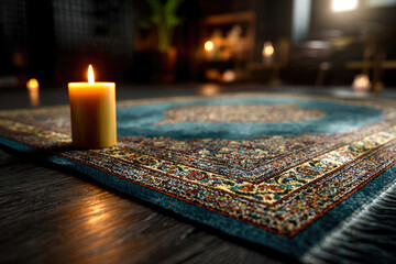 Candle placed on a beautifully patterned rug with intricate designs, creating a warm and inviting atmosphere in a softly lit room with a cozy ambiance