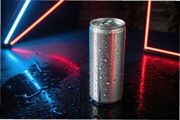 A sleek aluminum can of energy drink covered in cold condensation droplets, standing upright on a reflective black surface