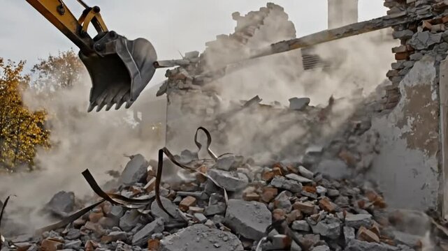 Excavator demolition of an old house with brick walls, tearing down the roof, construction and destruction concept