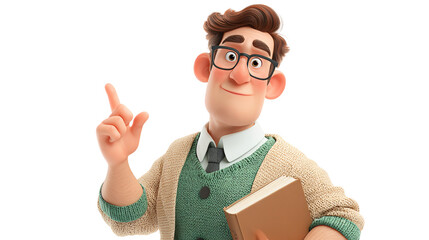 Cartoon man character holding book with brown cover and gray tie, cutout