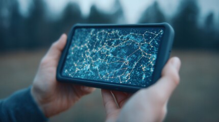 Screen free life, A person holds a smartphone displaying a vibrant, digital map of interconnected stars and networks against a blurred outdoor background.