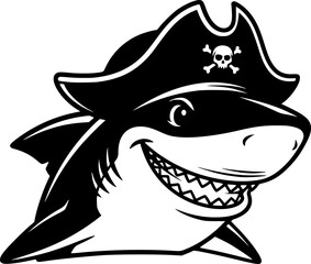 Naklejka premium Cute Shark with Pirate Hat Grinning Portrait Black and White Outline Line Art Drawing Vintage Style 
