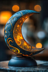 Decorative crescent moon lamp with intricate patterns and warm glow, creating a cozy ambiance in a softly lit environment, ideal for enhancing home decor and relaxation