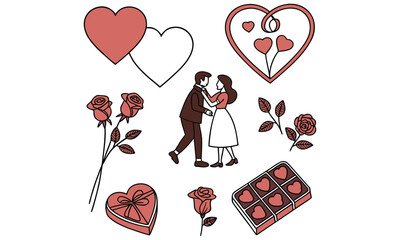 Valentine's Day Love Symbols Collection with Cupid, Hearts, and Roses