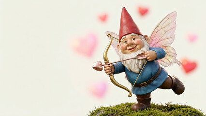 Cheerful garden gnome Cupid holding bow and arrow standing on moss with blurred hearts background