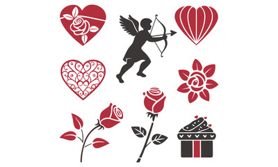 Valentine's Day Love Symbols Collection with Cupid, Hearts, and Roses