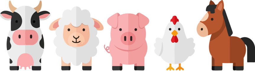 A cartoon animal set featuring cow sheep pig chicken and horse standing together in a row