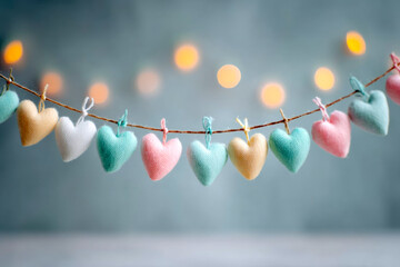 Colorful fabric hearts in pastel shades are hanging on a twine string, illuminated by soft bokeh lights in the background, creating a festive and cheerful atmosphere