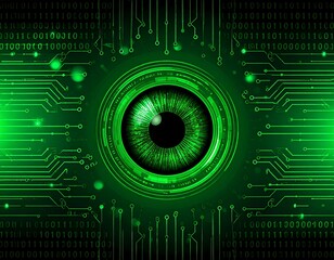 A digital representation shows a glowing green eye at the center, surrounded by circuit board patterns and binary code