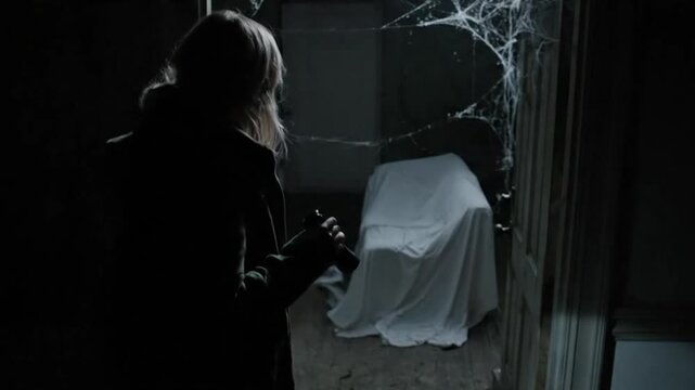 Woman Exploring Dark Creepy Abandoned House.