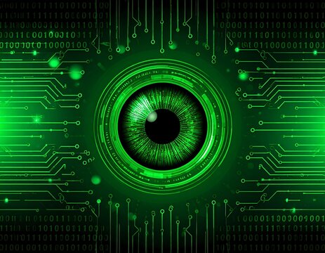 A digital representation shows a glowing green eye at the center, surrounded by circuit board patterns and binary code - Powered by Adobe