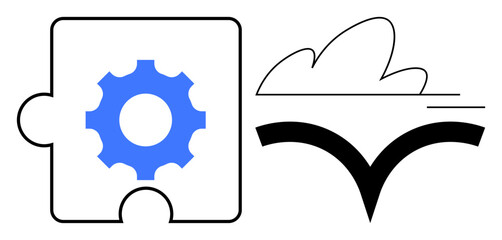 Technology integration, cloud services, innovative solutions, digital transformation, connectivity, software development. Puzzle piece with gear and cloud icon. Technology integration and cloud