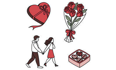 Valentine's Day Love Symbols Collection with Cupid, Hearts, and Roses