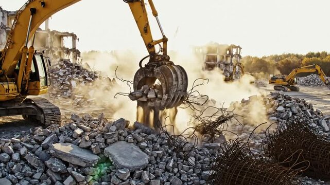 Heavy construction machinery with excavator claw crushes rubble debris during building demolition project with other yellow diggers