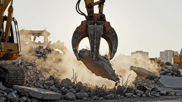 Heavy construction machinery with claw demolishes concrete debris, producing dust and visible rebar under a bright sun