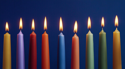 wax. Colorful tapered candles drip wax onto a dark blue surface, glowing softly in warm light. event programs, museum guides, designed for cultural heritage projects and event programs.