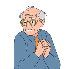Elderly man looking anxious with sweaty forehead in indoor setting  