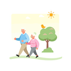 Elderly couple walking together in park on sunny day  
