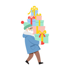 Elderly man carrying colorful holiday gifts in winter attire  
