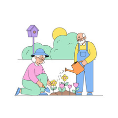 Elderly couple gardening together and watering flowers outdoors  