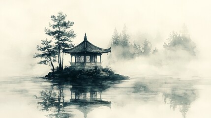 Obraz premium Ink wash style island pavilion artistic conception