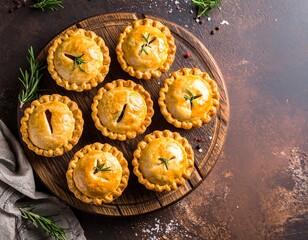 Miniature Meat Pies on Wooden Board.