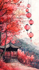 The Chinese style of red trees and lanterns