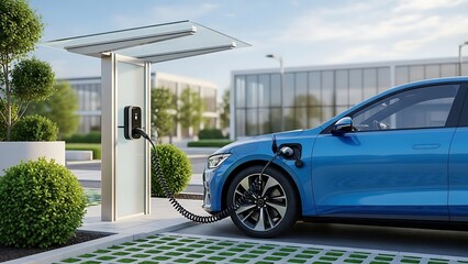 Sustainable electric vehicle charging at a modern, eco-friendly station in a smart urban environment, symbolizing the future of clean energy transportation and innovation