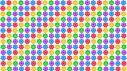Vibrant geometric pattern with colorful shapes and symbols