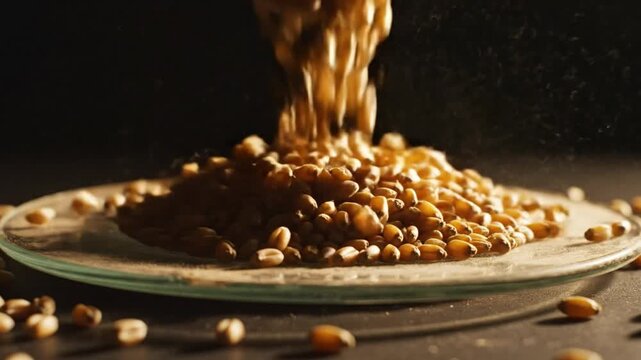 Close-up of golden grains cascading onto a glass plate, depicting abundance and culinary ingredients