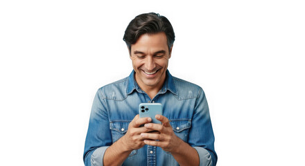 Happy man using smartphone isolated on transparent background