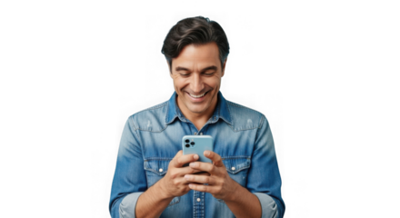 Happy man using smartphone isolated on transparent background