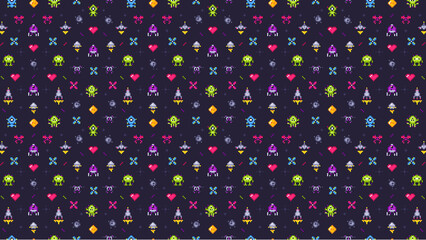 Vibrant pixel art pattern with colorful aliens, hearts, and spaceships