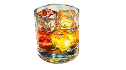 Whiskey with ice cubes in clear glass watercolor illustration, Cutout, White background.