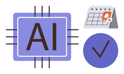 AI text inside microchip, calendar with alert bell, large checkmark. Ideal for technology, automation, scheduling, productivity, efficiency reminders and task management. Simple flat metaphor
