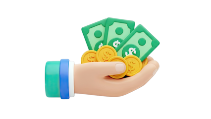 3D Cartoon Hand Holding Money and Coins