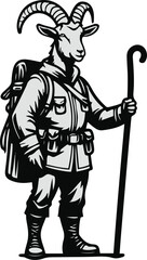 Fototapeta premium A goat as a mountain guide holding a walking stick, steady standing pose, flat vector illustration, solid flat colors, bold black outline, no gradient, no shadow, clean vector sticker, white backgroun