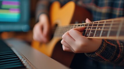 Screen free life, A close-up of a person playing guitar, with a keyboard and computer screen in the background, creating a cozy music-making atmosphere.