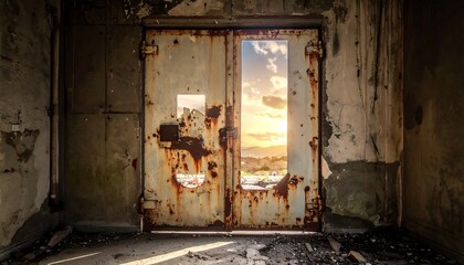 Old Metal Door with Rusty Hinges and Sunset.