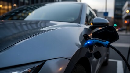 Modern electric vehicle recharging its battery at a public charging station, symbolizing sustainable energy and eco-friendly transportation for a cleaner urban future