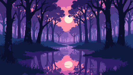 A swamp landscape with cypress trees rising from the water. Reflection of the trees and a purple sunset. Spooky vector style
