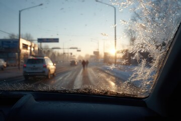 Ice crystals cover the car window as sunlight shines on the road and people walk in the distance during a cold morning