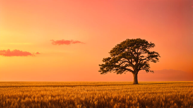 Baum im goldenen Weizenfeld bei Sonnenuntergang unter orangefarbenem Abendhimmel