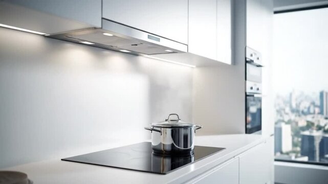Modern minimalist kitchen design with bright lighting and stainless steel cookware cooking on an electric stove top