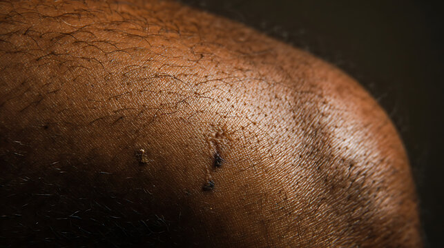 Detailed view of dark skin with a small wound and visible pores