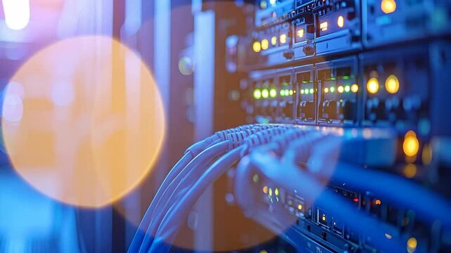 Close-up of blue ethernet cables connected to a server rack with blinking lights.