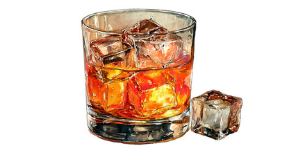 Whiskey with ice cubes, refreshing amber liquid, clear glass, isolated cutout on white backdrop.