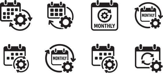 Monthly plan and auto renewal icon set with calendars and gears for subscription and billing process concepts. © Mst.Atina
