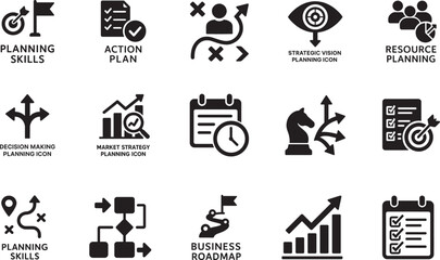 Planning icon set with plan symbols for business strategy, management, goals, roadmap and workflow concepts.