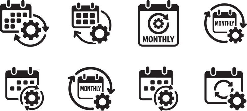 Monthly plan and auto renewal icon set with calendars and gears for subscription and billing process concepts.